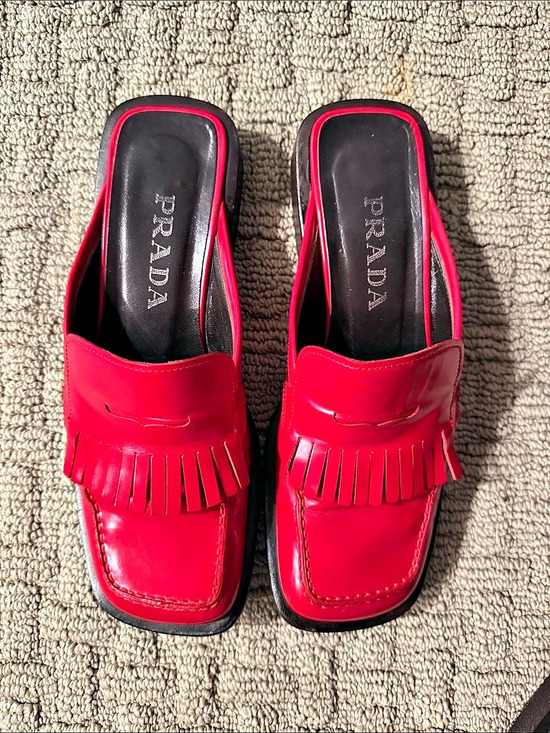 Prada Shoes - Prada Vintage Red Leather Fringe Mule Loafers